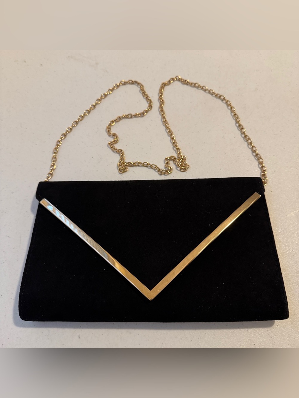 Aldo Black Suede Envelope Clutch with Gold Chain & Trim